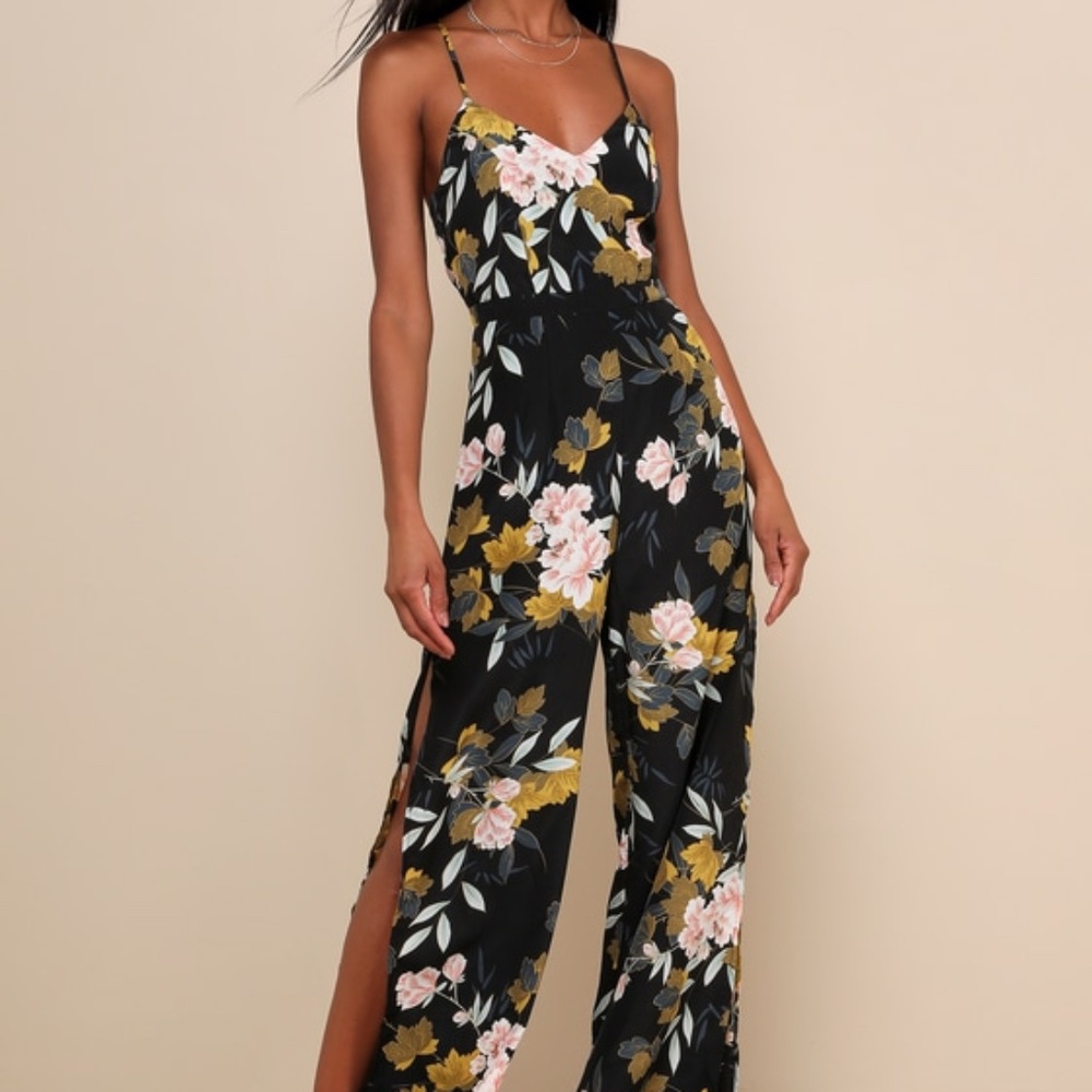 Floral Spaghetti-Strap Jumpsuit in Black